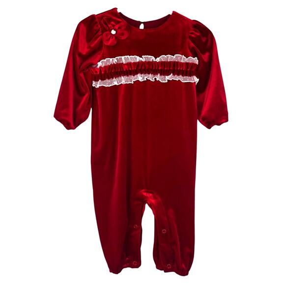 Lot of 2 Isobella & Chloe Red Velvet Ruffle Rompers 12 Months - Picture 6 of 16